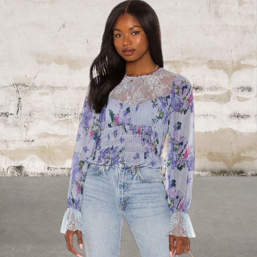 Free People $128 Daphne Blouse in Silver Blue Combo Size Large